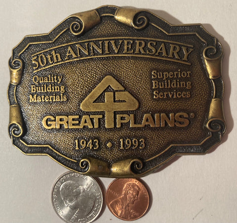 Vintage 1993 Metal Belt Buckle, Great Plains, Nice Western Style Design, 3 1/2" x 2 3/4", Heavy Duty, Quality, Thick Metal, Made in USA, For Belts, Fashion, Shelf Display, Western Wear, Southwest, Country, Fun, Nice