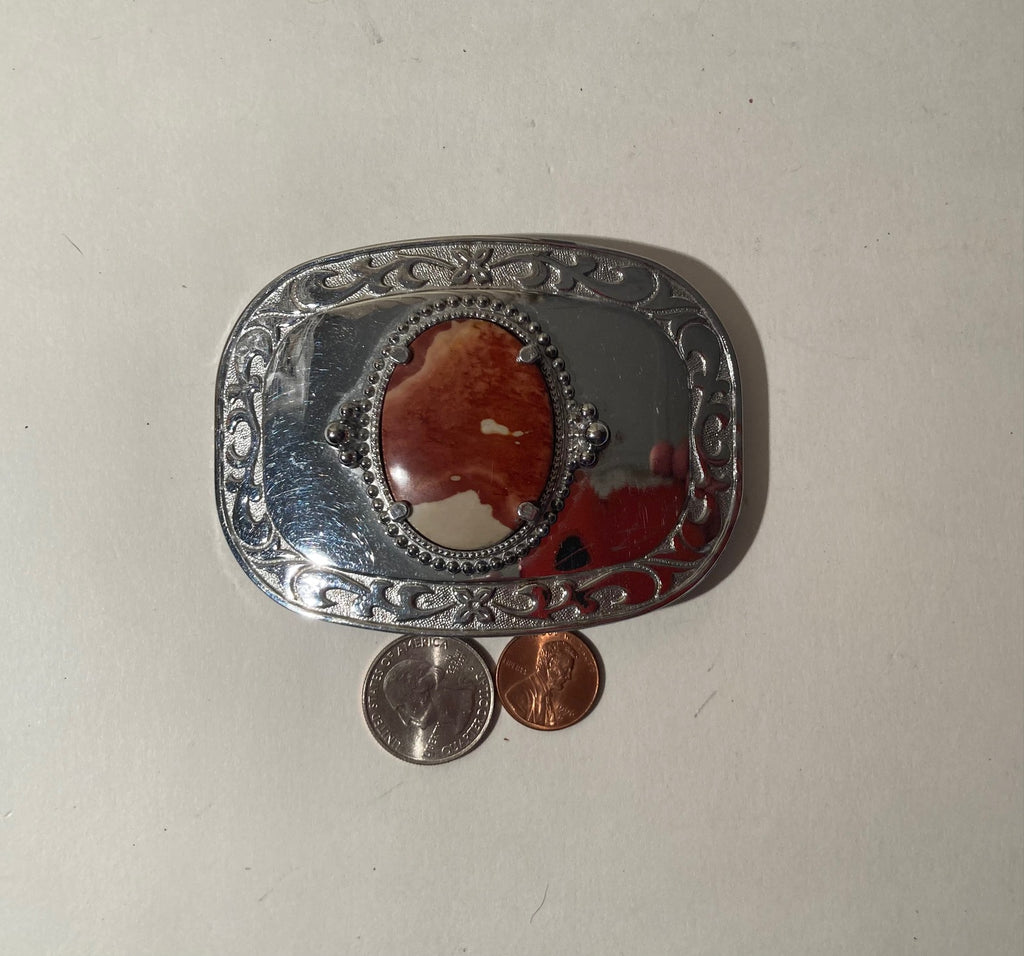 Vintage Metal Belt Buckle, Nice Red and White Stone Design, Nice Western Design, 3 3/4" x 2 3/4", Heavy Duty, Quality, Thick Metal, Made in USA, For Belts, Fashion, Shelf Display, Western Wear, Southwest, Country, Fun, Nice,