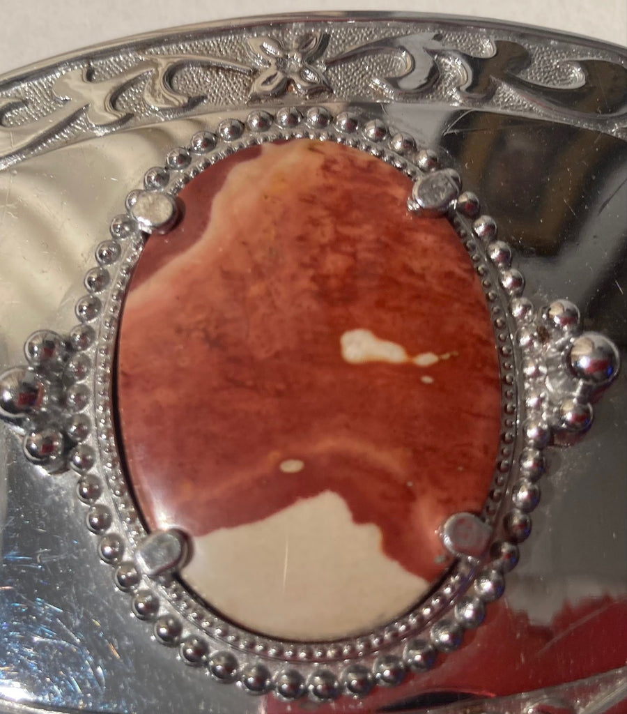 Vintage Metal Belt Buckle, Nice Red and White Stone Design, Nice Western Design, 3 3/4" x 2 3/4", Heavy Duty, Quality, Thick Metal, Made in USA, For Belts, Fashion, Shelf Display, Western Wear, Southwest, Country, Fun, Nice,