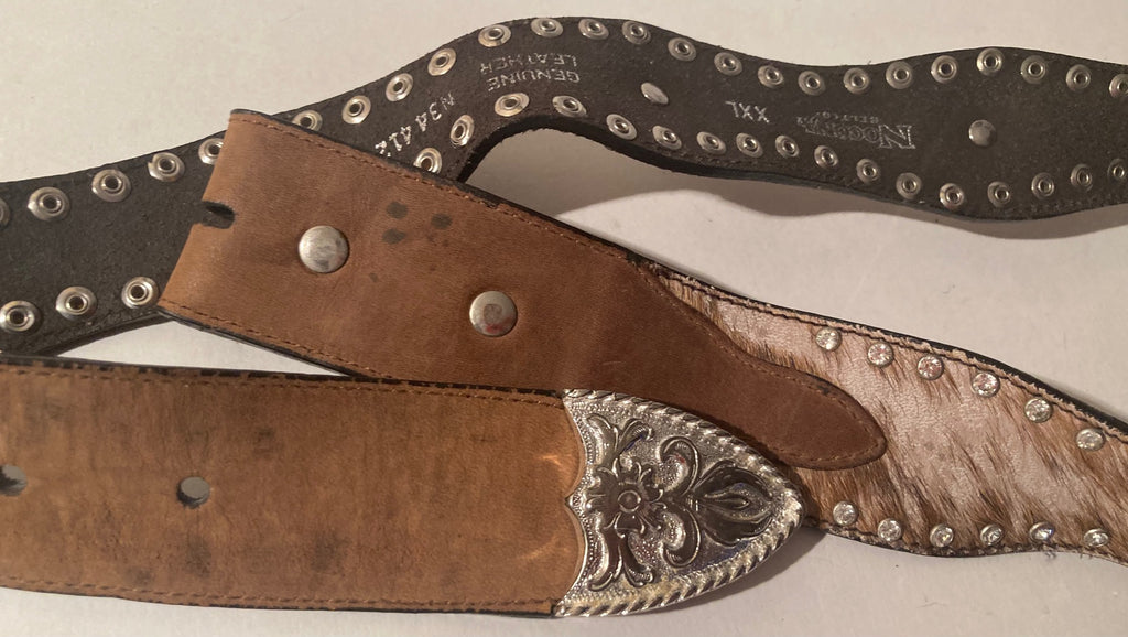 Vintage Leather Heavy Duty Belt, Nocona, Brown Hand Finished Leather, Conchies and Jewels, Furry, Fuzzy, Hand Tooled, Size 40 to 44, Country and Western, Made in USA, Western Attire, Hand Tooled, Nice Heavy Duty Quality Feel,