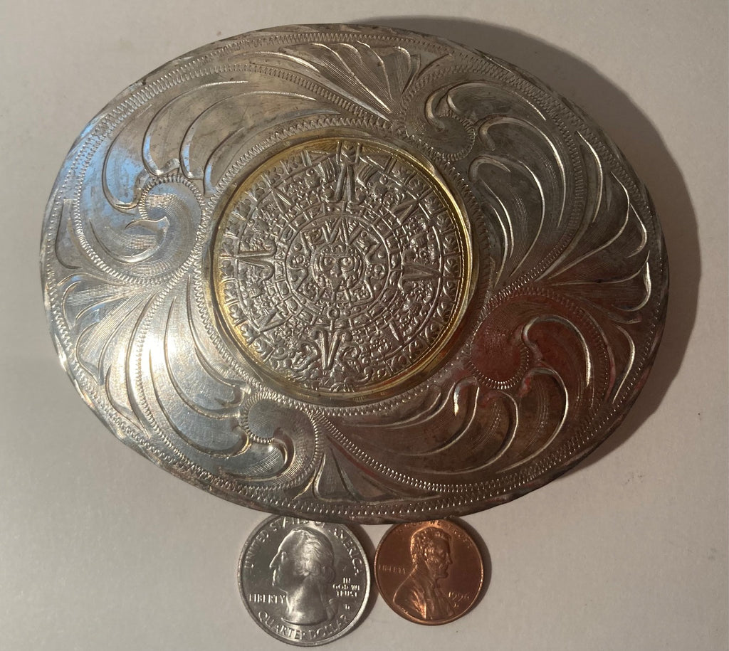 Vintage Metal Belt Buckle, Silver and Brass, Nice Aztec Design, Nice Western Design, 4" x 3 1/4", Heavy Duty, Quality, Thick Metal, Made in Mexico, For Belts, Fashion, Shelf Display, Western Wear, Southwest, Country, Fun, Nice