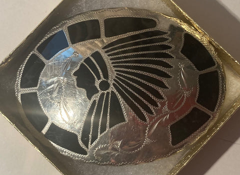 Vintage Metal Belt Buckle, Silver and Black Enamel, Native Design, Hand Crafted, Nice Western Design, 4" x 3", Heavy Duty, Quality, Thick Metal, Made in USA, For Belts, Fashion, Shelf Display, Western Wear, Southwest, Country, Fun, Nice