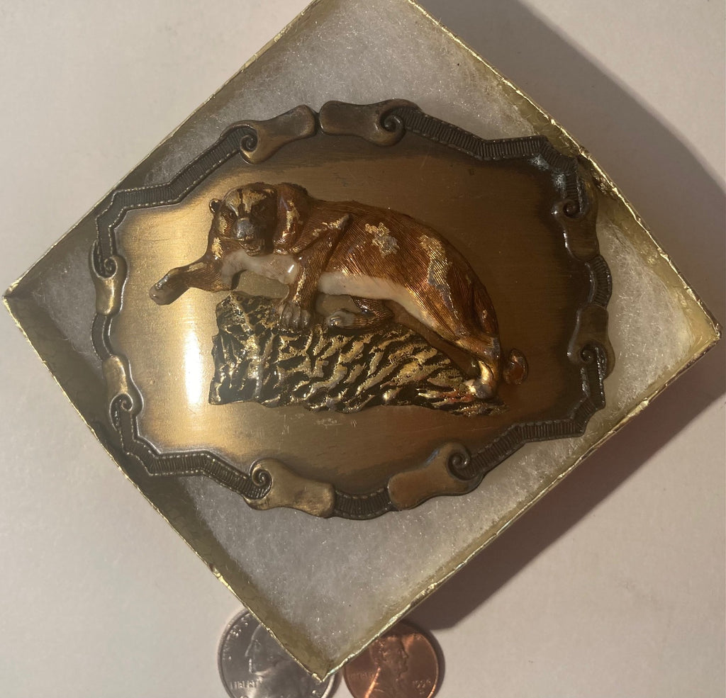 Vintage Metal Belt Buckle, Bob Cat, Mountain Lion, Cougar, Nature, Wildlife, Nice Western Style Design, 3 1/2" x 2 3/4", Heavy Duty, Quality, Thick Metal, Made in USA, For Belts, Fashion, Shelf Display, Western Wear, Southwest, Country, Fun, Nice,