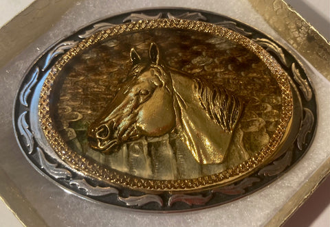 Vintage Metal Belt Buckle, Brass, Nice Horse Under Thick Resin, Nice Western Style Design, 3 1/2" x 2 1/2", Heavy Duty, Quality, Thick Metal, Made in USA, For Belts, Fashion, Shelf Display, Western Wear, Southwest, Country, Fun, Nice