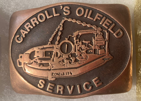 Vintage 1980 Metal Belt Buckle, Brass, Carroll's Oilfield Service, Gas, Oil, Petroleum, Nice Western Style Design, 3" x 2 1/4", Heavy Duty, Quality, Thick Metal, Made in USA, For Belts, Fashion, Shelf Display, Western Wear, Southwest, Country, Fun, Nice,