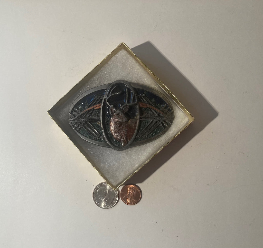 Vintage 1993 Metal Belt Buckle, Pewter, Enamel, Buck, Deer, Nature, Wildlife, Hunting, Nice Western Style Design, 4" x 2 1/2", Heavy Duty, Quality, Thick Metal, Made in USA, For Belts, Fashion, Shelf Display, Western Wear, Southwest, Country, Fun, Nice