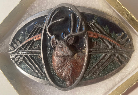 Vintage 1993 Metal Belt Buckle, Pewter, Enamel, Buck, Deer, Nature, Wildlife, Hunting, Nice Western Style Design, 4" x 2 1/2", Heavy Duty, Quality, Thick Metal, Made in USA, For Belts, Fashion, Shelf Display, Western Wear, Southwest, Country, Fun, Nice