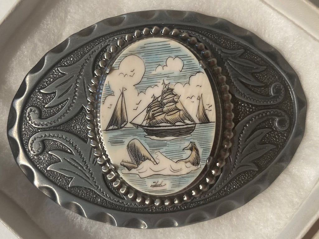 Vintage Metal Belt Buckle, Scrimshaw, Ancient Art, Whale, Fish
