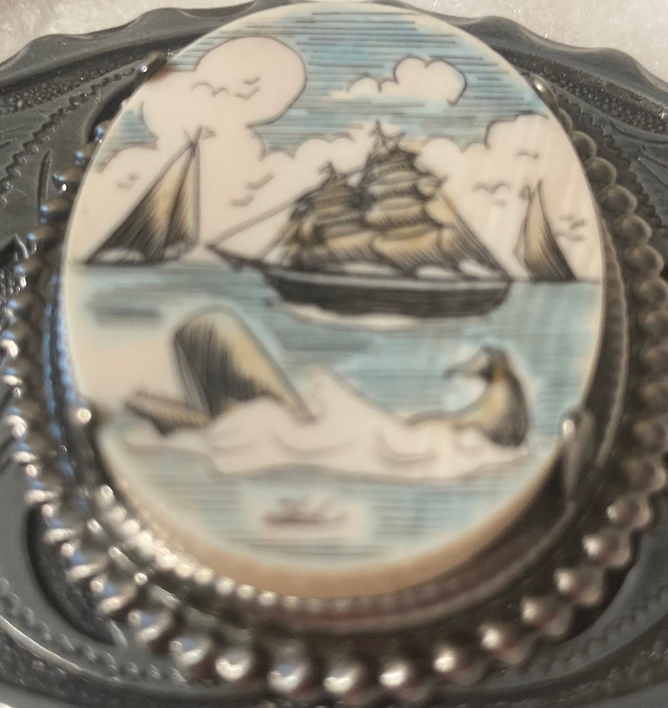Vintage Metal Belt Buckle, Scrimshaw, Ancient Art, Whale, Fish