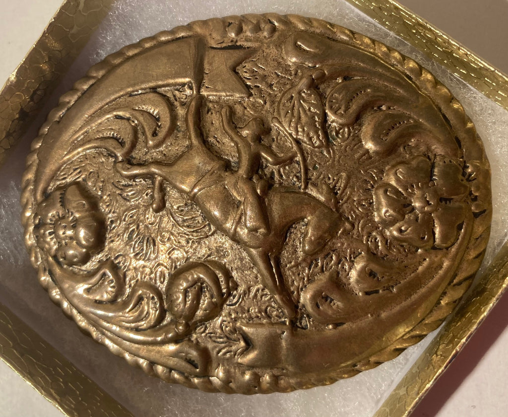 Vintage Metal Belt Buckle, Thick Solid Brass, Heavy, Bronco Busting, Riding, Horse, Nice Western Style Design, 3 1/2" x 2 3/4", Heavy Duty, Quality, Thick Metal, Made in USA, For Belts, Fashion, Shelf Display, Western Wear, Southwest, Country, Fun, Nice,