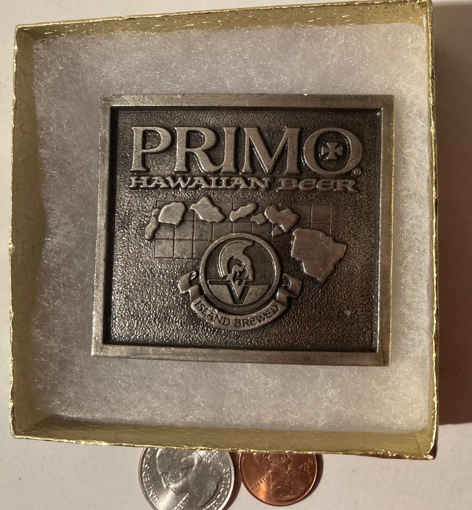 Vintage 1975 Metal Belt Buckle, Primo Hawaiian Beer, Island Brewed, Nice Western Style Design, 2 1/2" x 2 1/4", Heavy Duty, Quality, Thick Metal, Made in USA, For Belts, Fashion, Shelf Display, Western Wear, Southwest, Country, Fun, Nice,