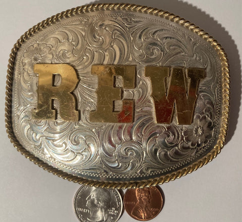 Vintage Metal Belt Buckle, Silver and Brass, REW, Gary's Belt Buckles, Crafted with Pride in the USA, Nice Western Style Design, 4" x 3 1/4", Heavy Duty, Quality, Thick Metal, Made in USA, Hook Rotates for Belt Use or For Collectible Display