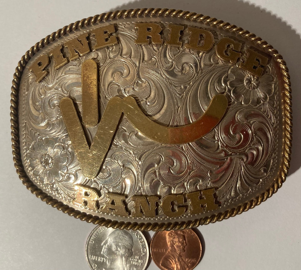 Vintage Metal Belt Buckle, Silver and Brass, Pine Ridge Ranch,