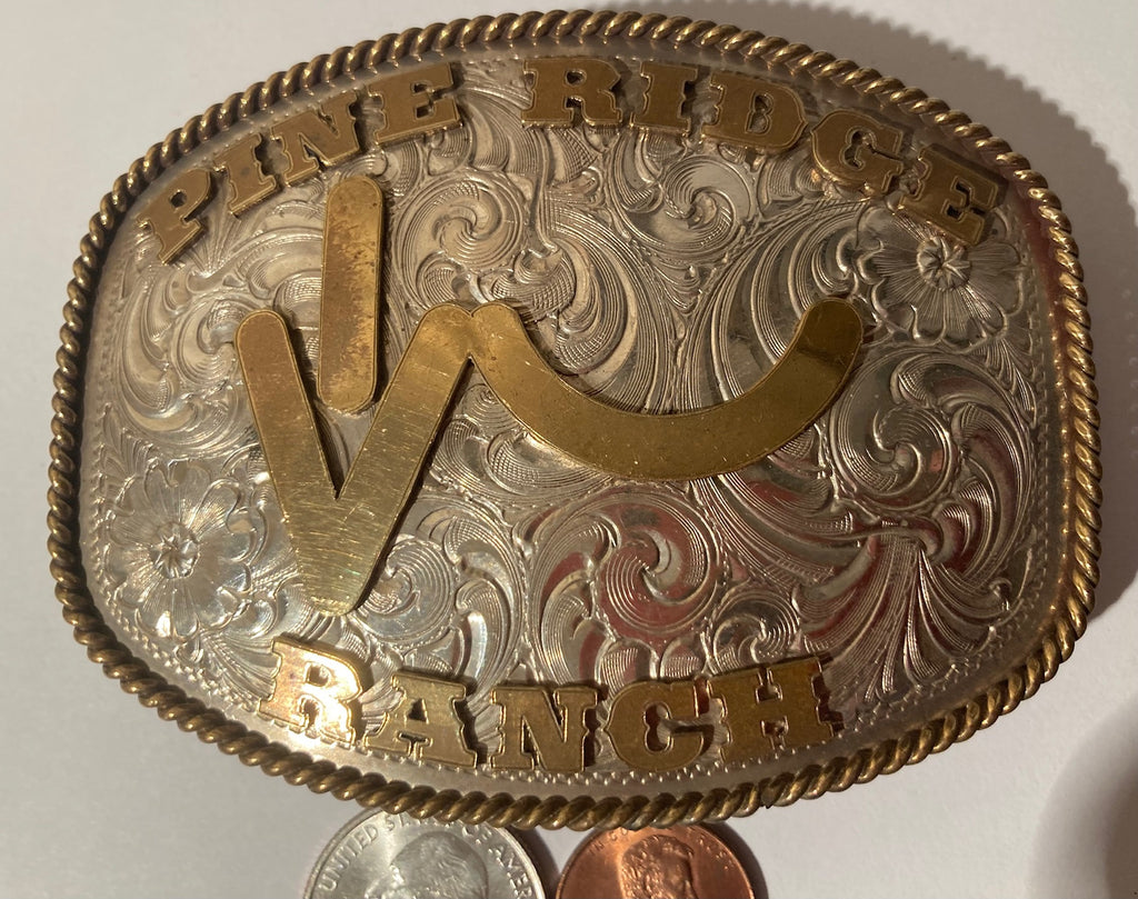 Vintage Metal Belt Buckle, Silver and Brass, Pine Ridge Ranch,