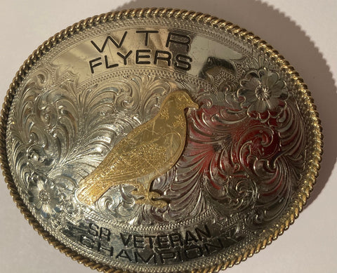 Vintage Metal Belt Buckle, Silver and Brass, WTR Flyers, SR Veteran Champion, Gary's Belt Buckles, Crafted with Pride in the USA, Nice Western Style Design