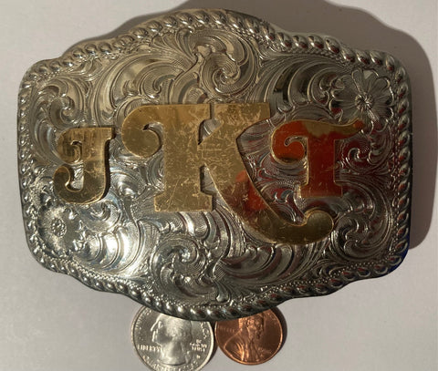 Vintage Metal Belt Buckle, Silver and Brass, JKT, Gary's Belt Buckles, Crafted with Pride in the USA, Nice Western Style Design, 4" x 3", Heavy Duty, Quality, Thick Metal, Made in USA, Hook Rotates for Belt Use or For Collectible Display, For Belts