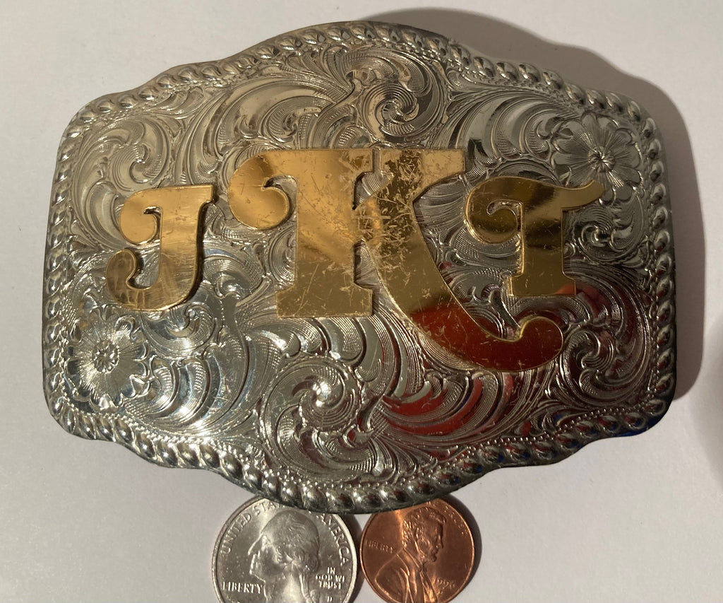 Vintage Metal Belt Buckle, Silver and Brass, JKT, Gary's Belt Buckles, Crafted with Pride in the USA, Nice Western Style Design, 4" x 3", Heavy Duty, Quality, Thick Metal, Made in USA, Hook Rotates for Belt Use or For Collectible Display, For Belts