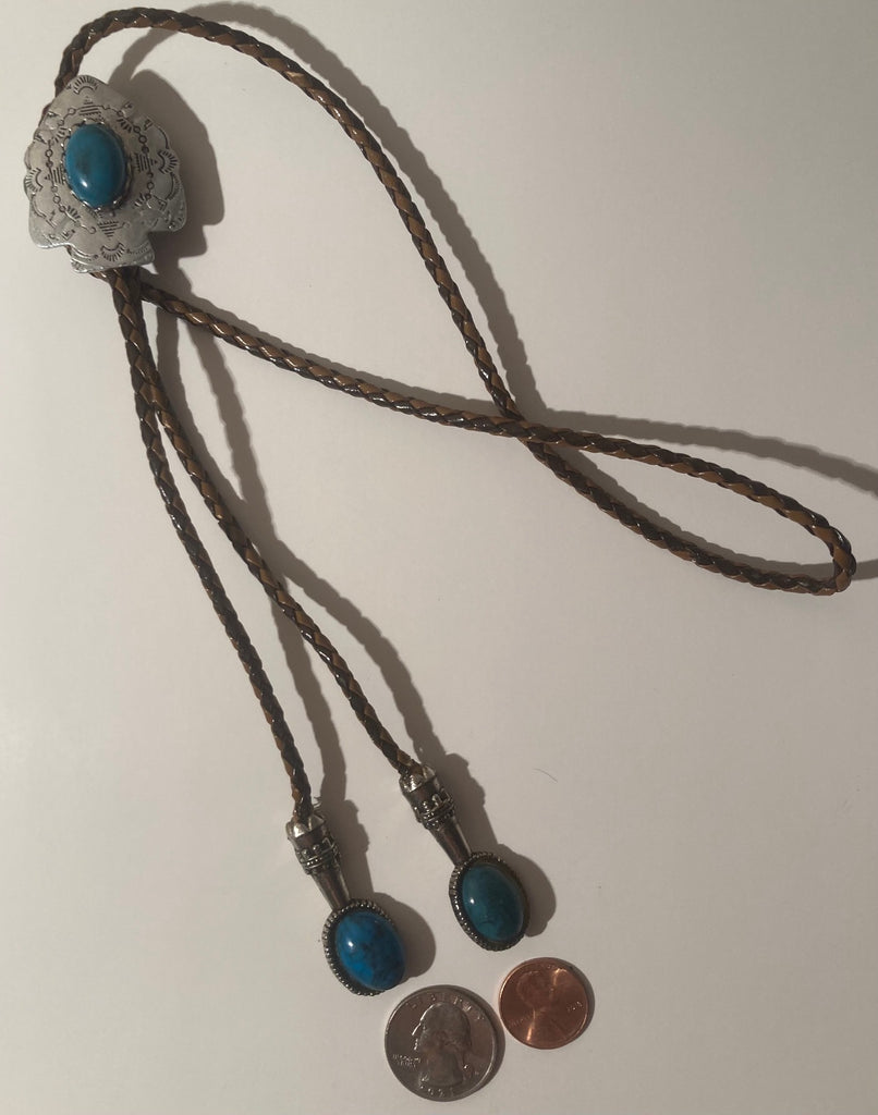 Vintage Metal Bolo Tie, Silver with Nice Turquoise Stones Design, Arrowhead,