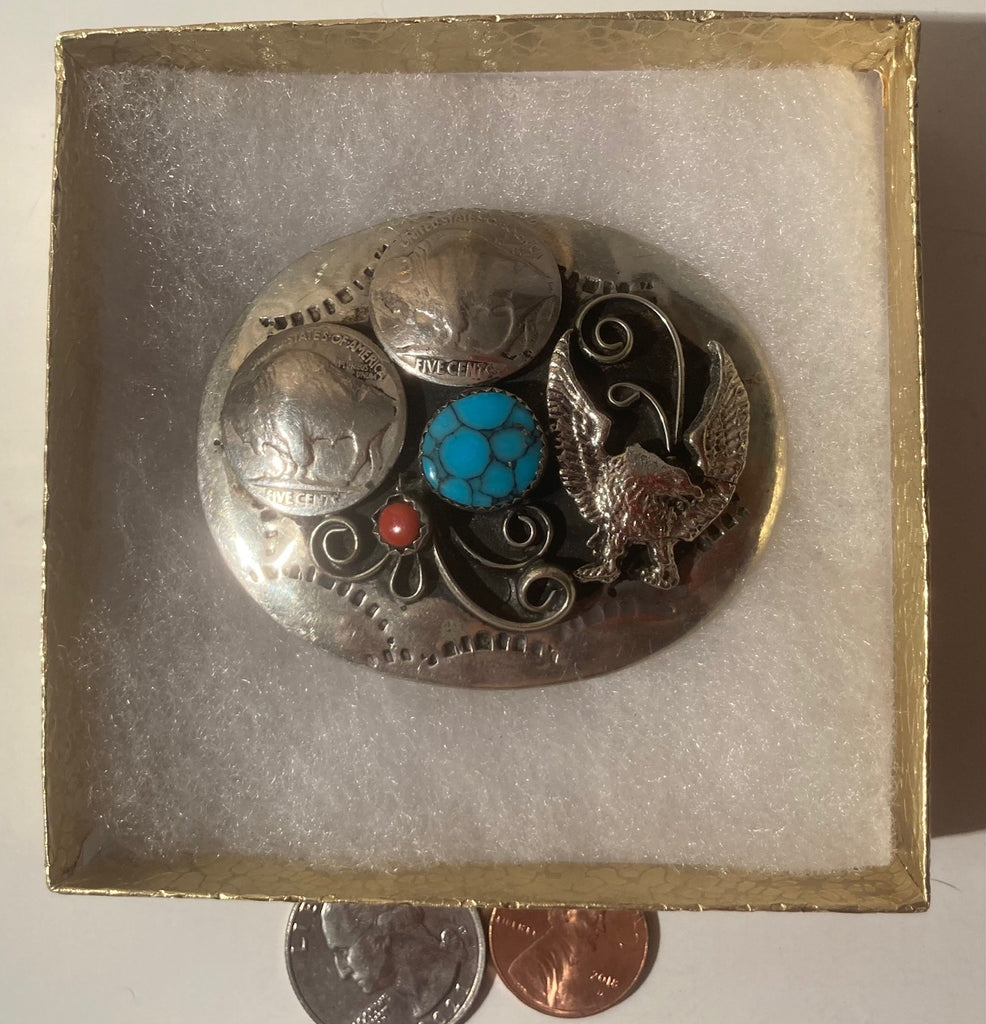Vintage Metal Belt Buckle, Silver and Turquoise, Buffalo, Bison, Eagle, Nice Western Style Design, 2 1/2" x 2", Heavy Duty, Quality, Thick Metal, Made in USA, For Belts, Fashion, Shelf Display, Western Wear, Southwest, Country, Fun, Nice,
