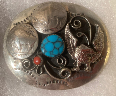 Vintage Metal Belt Buckle, Silver and Turquoise, Buffalo, Bison, Eagle, Nice Western Style Design, 2 1/2" x 2", Heavy Duty, Quality, Thick Metal, Made in USA, For Belts, Fashion, Shelf Display, Western Wear, Southwest, Country, Fun, Nice,