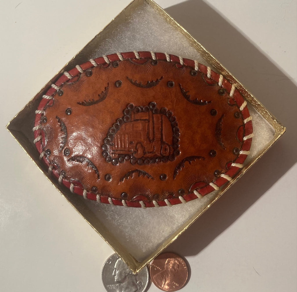 Vintage Metal Belt Buckle, Leather, Hand Crafted, Truck, 18 Wheeler, Truck Driver, Nice Western Design, 4" x 2 3/4", Heavy Duty, Quality, Thick Metal, Made in USA, For Belts, Fashion, Shelf Display, Western Wear, Southwest, Country, Fun, Nice,
