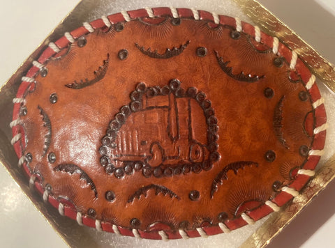 Vintage Metal Belt Buckle, Leather, Hand Crafted, Truck, 18 Wheeler, Truck Driver, Nice Western Design, 4" x 2 3/4", Heavy Duty, Quality, Thick Metal, Made in USA, For Belts, Fashion, Shelf Display, Western Wear, Southwest, Country, Fun, Nice,