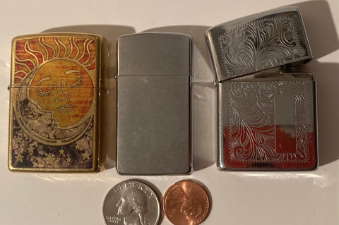 3 Metal Zippo Lighters, Sun and Moon, Embossed, Zippo, Made in USA