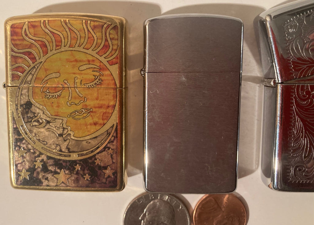 3 Metal Zippo Lighters, Sun and Moon, Embossed, Zippo, Made in USA