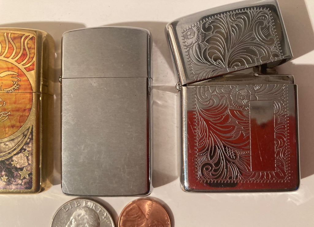 3 Metal Zippo Lighters, Sun and Moon, Embossed, Zippo, Made in USA