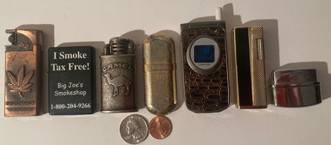 Lot of 7 Vintage Metal Lighters, Cigarettes, More, Pot Leaf, Phone