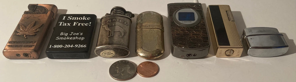 Lot of 7 Vintage Metal Lighters, Cigarettes, More, Pot Leaf, Phone