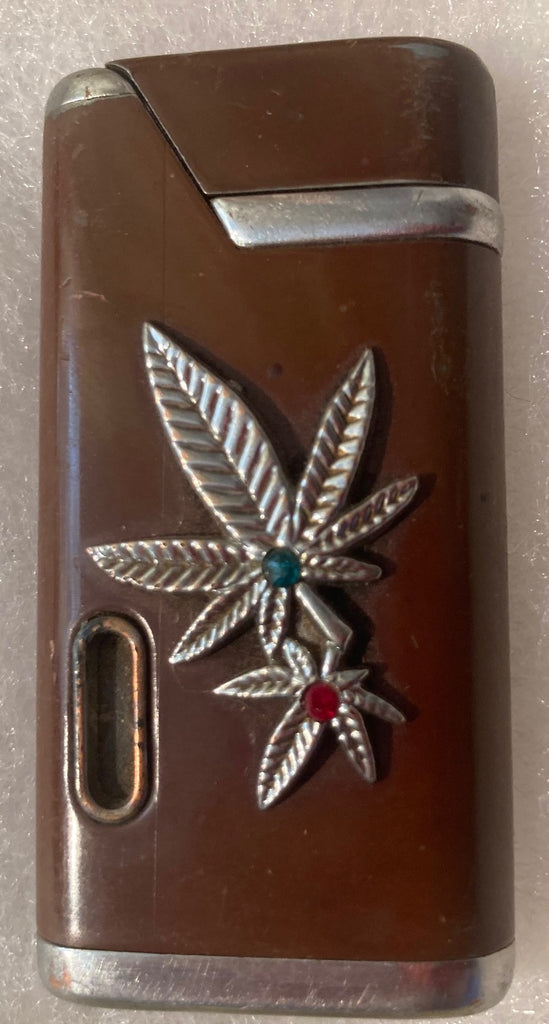 Vintage Metal Lighter, Pot, Leaf, Silver, Green and Red Crystal Stones, Lights Up Really Good, Cigarettes, More.