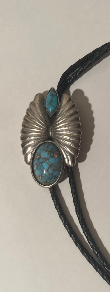 Vintage Metal Bolo Tie, Silver with 2 Nice Turquoise Stones, Nice Western Design, 2 1/4" x 1 1/2", Quality, Heavy Duty, Made in USA, Country & Western, Cowboy, Western Wear, Horse, Apparel, Accessory, Tie, Nice Quality Fashion