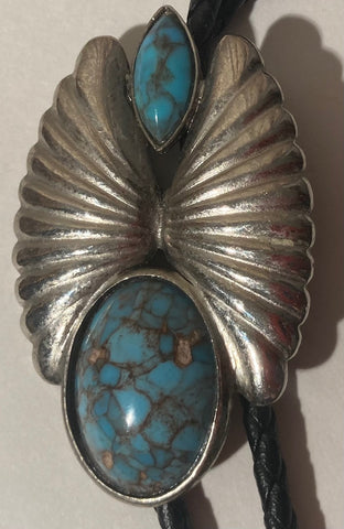 Vintage Metal Bolo Tie, Silver with 2 Nice Turquoise Stones, Nice Western Design, 2 1/4" x 1 1/2", Quality, Heavy Duty, Made in USA, Country & Western, Cowboy, Western Wear, Horse, Apparel, Accessory, Tie, Nice Quality Fashion