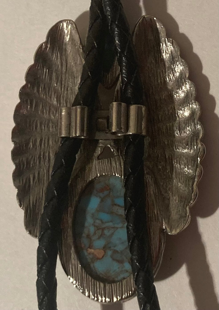 Vintage Metal Bolo Tie, Silver with 2 Nice Turquoise Stones, Nice Western Design, 2 1/4" x 1 1/2", Quality, Heavy Duty, Made in USA, Country & Western, Cowboy, Western Wear, Horse, Apparel, Accessory, Tie, Nice Quality Fashion