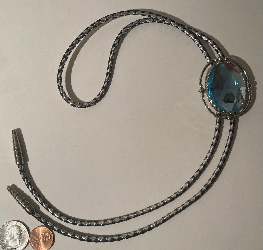 Vintage Metal Bolo Tie, Silver with Baby Blue Resin Stone, Nice Western Design, 2" x 1 1/2", Quality, Heavy Duty, Made in USA, Country & Western, Cowboy, Western Wear, Horse, Apparel, Accessory, Tie, Nice Quality Fashion
