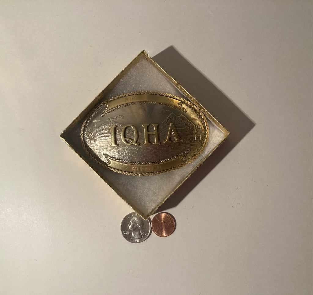 Vintage 1976 Metal Belt Buckle, Silver and Brass, Montana Silversmiths, IQHA, Poles, Vaquerro Lark, Quarter Horse Association, Nice Western Design