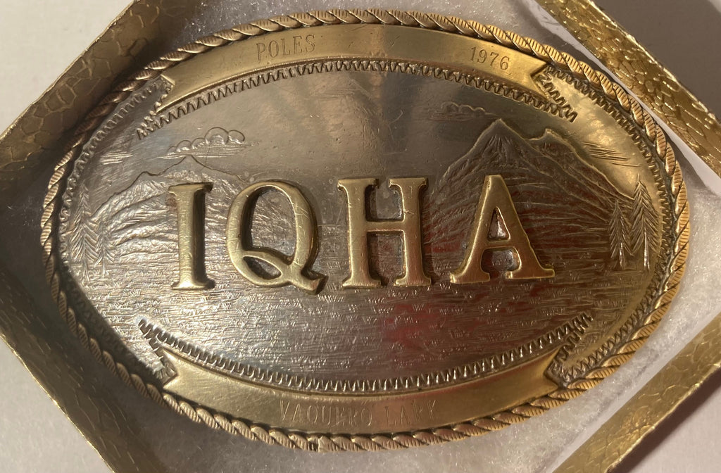 Vintage 1976 Metal Belt Buckle, Silver and Brass, Montana Silversmiths, IQHA, Poles, Vaquerro Lark, Quarter Horse Association, Nice Western Design