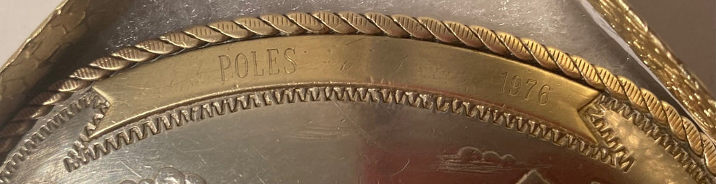 Vintage 1976 Metal Belt Buckle, Silver and Brass, Montana Silversmiths, IQHA, Poles, Vaquerro Lark, Quarter Horse Association, Nice Western Design