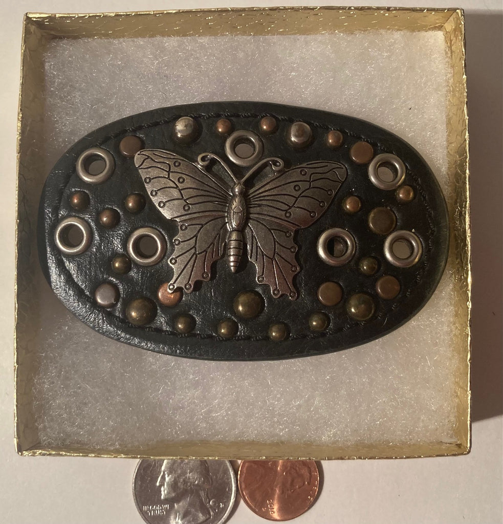 Vintage Metal Belt Buckle, Black Leather with Butterfly, Nice Western Design, 3 1/2" x 2 1/4", Heavy Duty, Quality, Thick Metal, Made in USA, For Belts, Fashion, Shelf Display, Western Wear, Southwest, Country, Fun, Nice