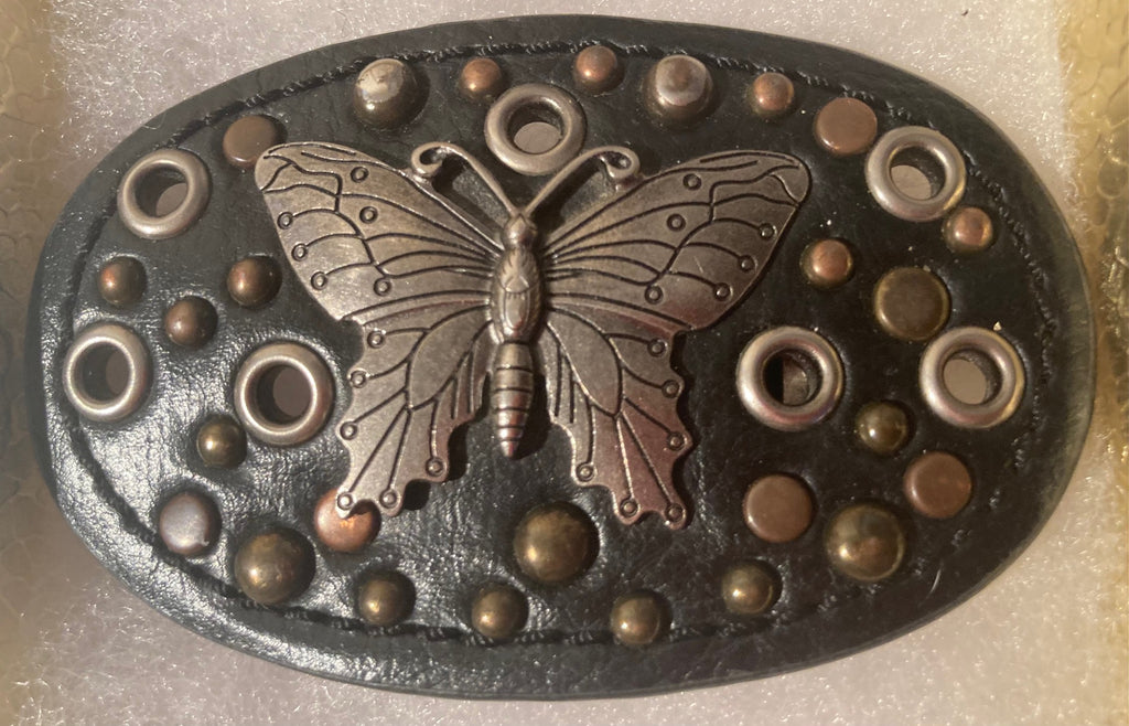 Vintage Metal Belt Buckle, Black Leather with Butterfly, Nice Western Design, 3 1/2" x 2 1/4", Heavy Duty, Quality, Thick Metal, Made in USA, For Belts, Fashion, Shelf Display, Western Wear, Southwest, Country, Fun, Nice