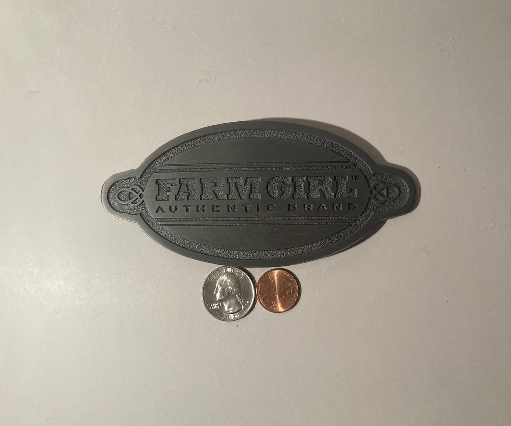 Vintage Metal Belt Buckle, Farm Girl, Authentic Brand, Cowgirl, Nice Western Design, 5 1/2" x 2 1/2", Heavy Duty, Quality, Thick Metal, Made in USA, For Belts, Fashion, Shelf Display, Western Wear, Southwest, Country, Fun,