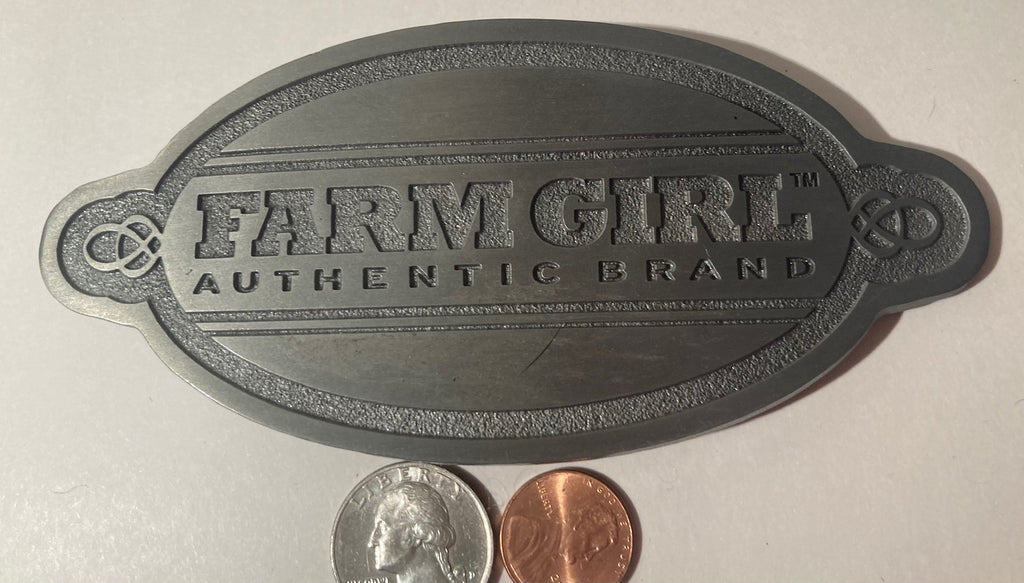 Vintage Metal Belt Buckle, Farm Girl, Authentic Brand, Cowgirl, Nice Western Design, 5 1/2" x 2 1/2", Heavy Duty, Quality, Thick Metal, Made in USA, For Belts, Fashion, Shelf Display, Western Wear, Southwest, Country, Fun,