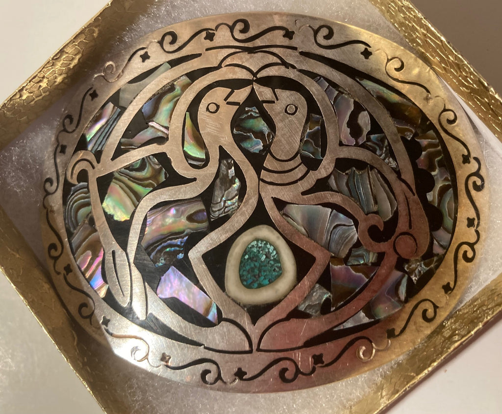Vintage Metal Belt Buckle, Sterling Silver with Nice Abalone Shells