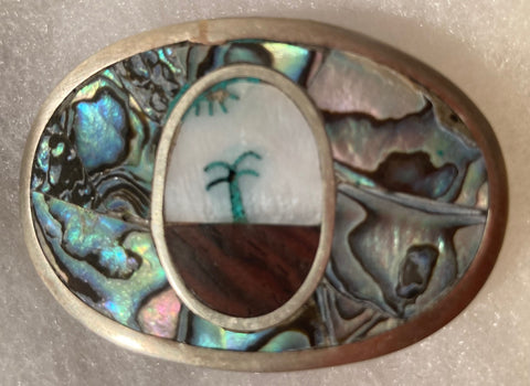 Vintage Metal Belt Buckle, Sterling Silver with Nice Abalone Shells, Palm Tree, Nature, Nice Western Design, 2 1/2" x 1 1/2", Heavy Duty, Quality, Thick Metal, Made in Mexico, For Belts, Fashion, Shelf Display, Western Wear, Southwest, Country, Fun, Nice