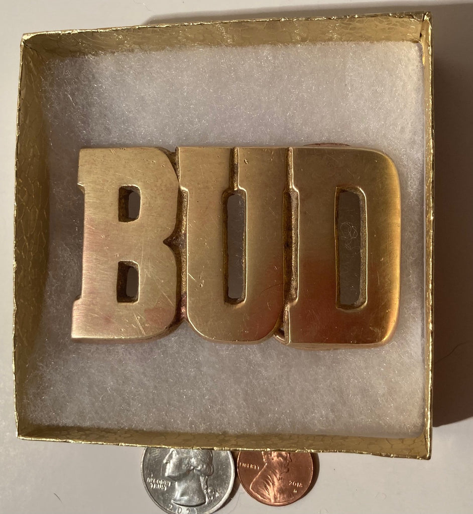 Vintage Metal Belt Buckle, Brass, Bud, Buddy, Name, Nice Western Design, 3" x 1 3/4", Heavy Duty, Quality, Thick Metal, Made in USA, For Belts, Fashion, Shelf Display, Western Wear, Southwest, Country, Fun, Nice