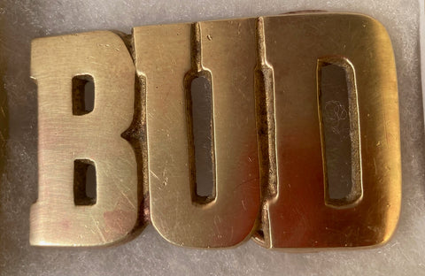 Vintage Metal Belt Buckle, Brass, Bud, Buddy, Name, Nice Western Design, 3" x 1 3/4", Heavy Duty, Quality, Thick Metal, Made in USA, For Belts, Fashion, Shelf Display, Western Wear, Southwest, Country, Fun, Nice