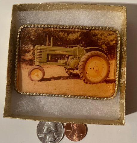 Vintage Metal Belt Buckle, Epoxy Coated, John Deere, Tractor, Farming, Quality, Nice Western Design, 3 1/4" x 2 1/2", Heavy Duty, Quality, Thick Metal, Made in USA, For Belts, Fashion, Shelf Display, Western Wear, Southwest, Country, Fun, Nice,