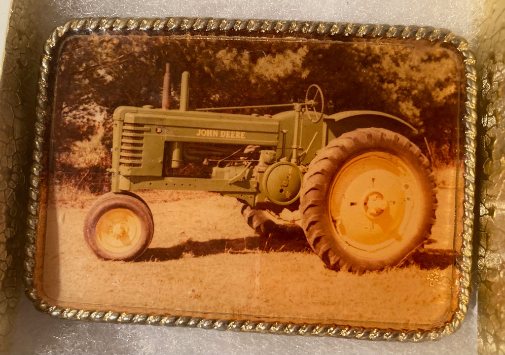 Vintage Metal Belt Buckle, Epoxy Coated, John Deere, Tractor, Farming, Quality, Nice Western Design, 3 1/4" x 2 1/2", Heavy Duty, Quality, Thick Metal, Made in USA, For Belts, Fashion, Shelf Display, Western Wear, Southwest, Country, Fun, Nice,