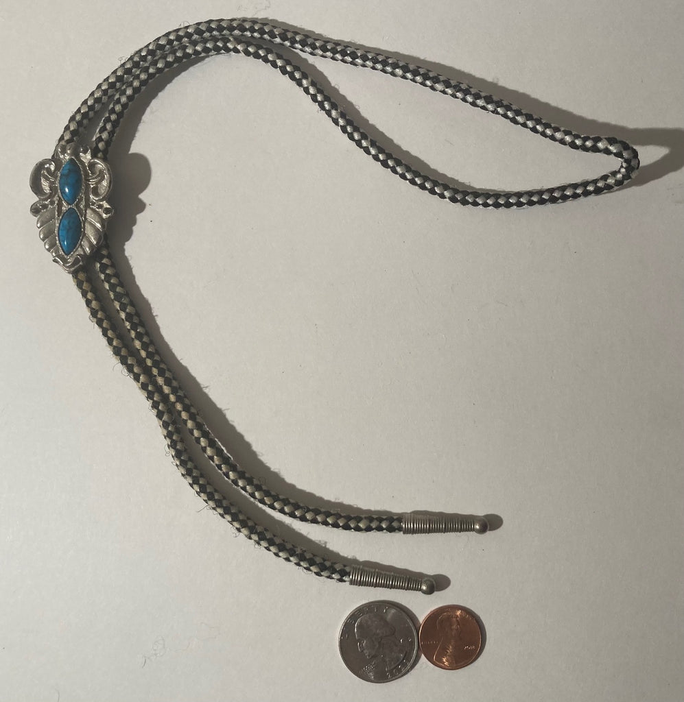 Vintage Metal Bolo Tie, Silver, Two Nice Turquoise Stones, Native Design, 1 3/4" x 1", Nice Western Design, Quality, Heavy Duty, Made in USA, Country & Western, Cowboy, Western Wear, Horse, Apparel, Accessory, Tie, Nice Quality Fashion,